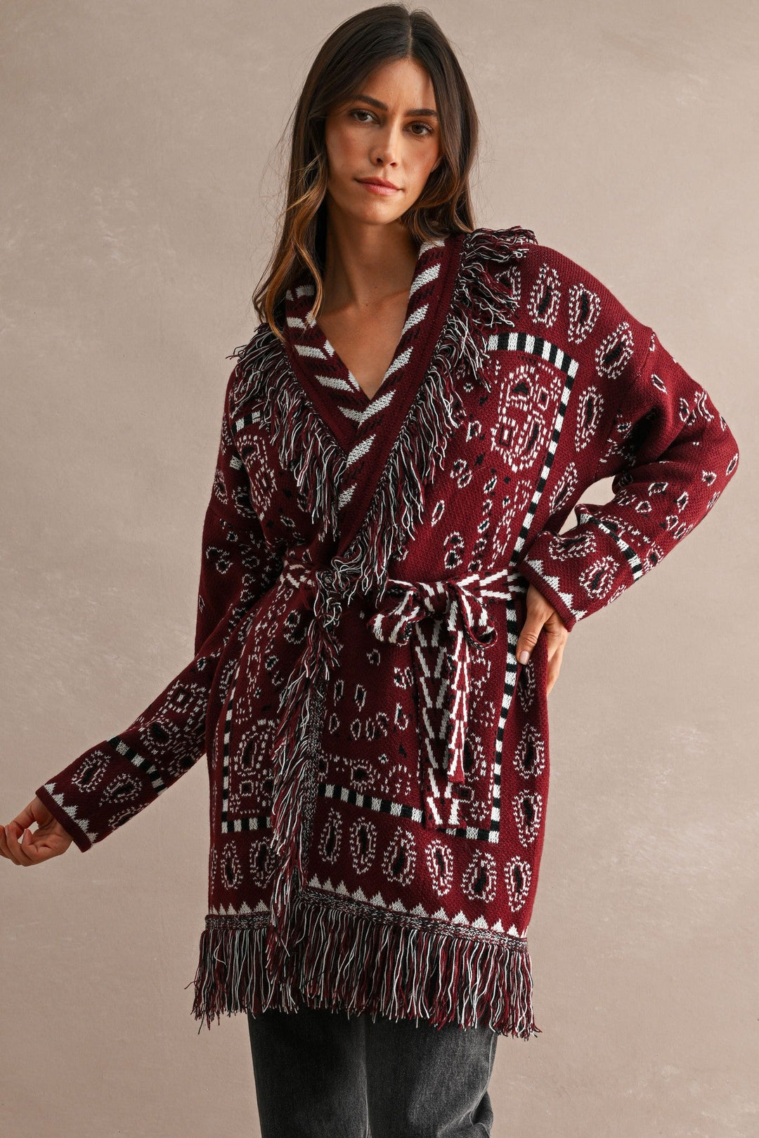 Burgundy Longline Bandana Fringed Shawl Collar Knit Cardigan - STYLED BY ALX COUTUREOuterwear