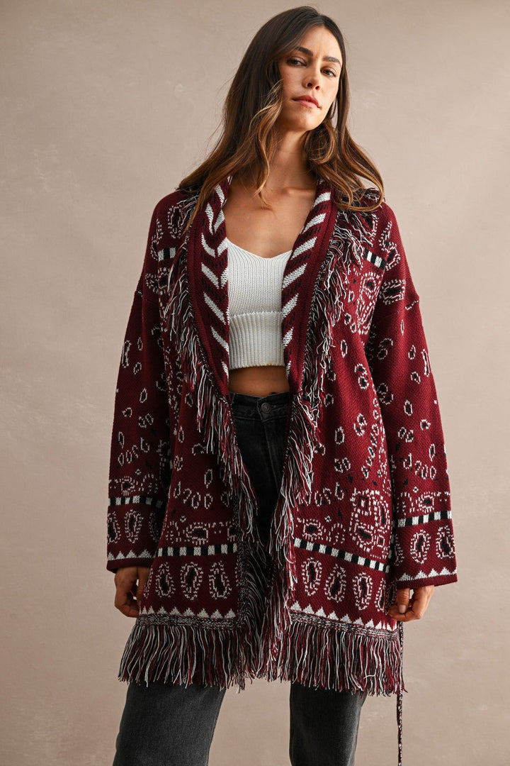 Burgundy Longline Bandana Fringed Shawl Collar Knit Cardigan - STYLED BY ALX COUTUREOuterwear
