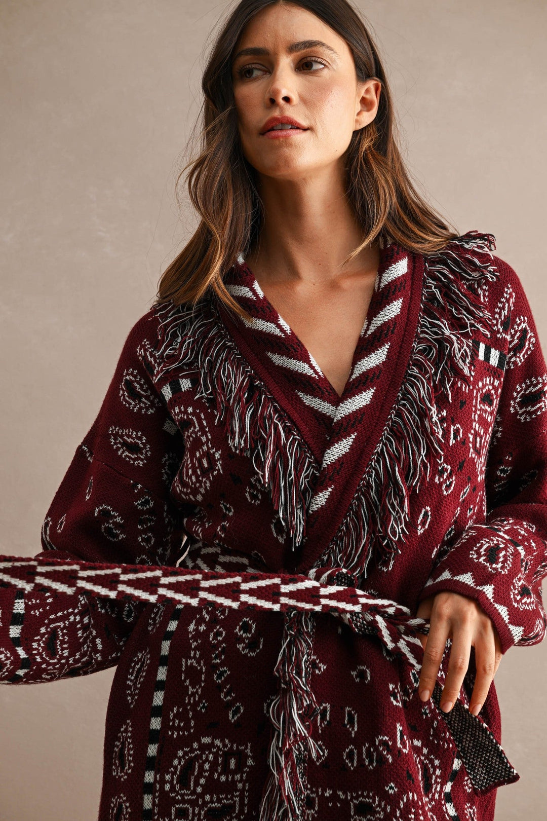 Burgundy Longline Bandana Fringed Shawl Collar Knit Cardigan - STYLED BY ALX COUTUREOuterwear