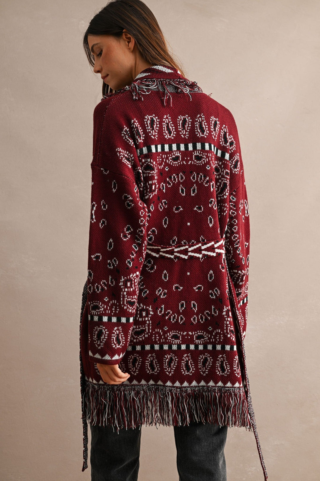 Burgundy Longline Bandana Fringed Shawl Collar Knit Cardigan - STYLED BY ALX COUTUREOuterwear