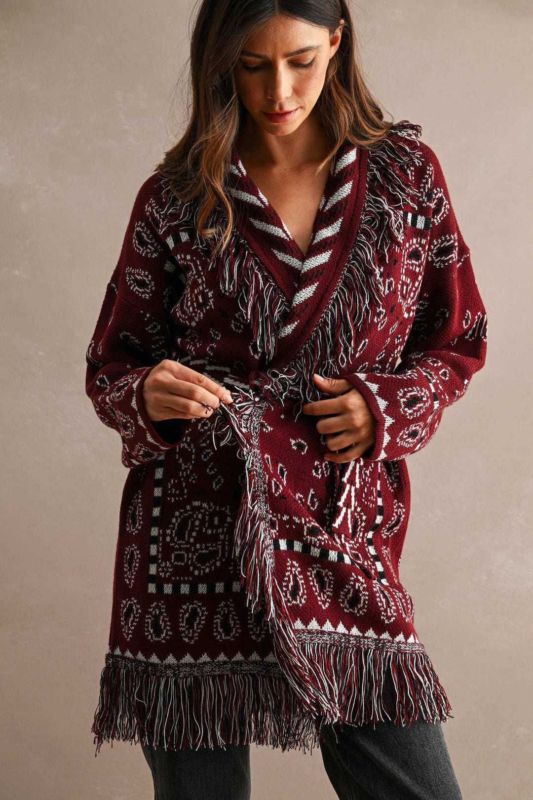Burgundy Longline Bandana Fringed Shawl Collar Knit Cardigan - STYLED BY ALX COUTUREOuterwear