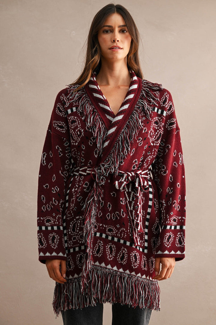 Burgundy Longline Bandana Fringed Shawl Collar Knit Cardigan - STYLED BY ALX COUTUREOuterwear