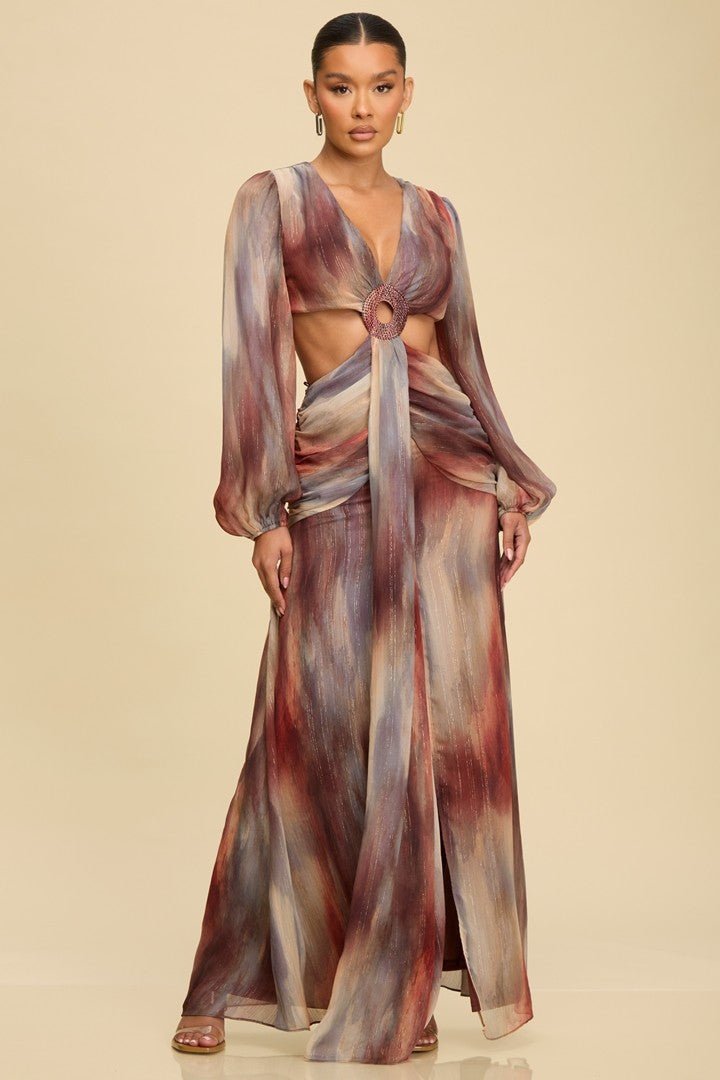 Burgundy Ombre Metallic Cut Out Long Dress - STYLED BY ALX COUTUREDresses