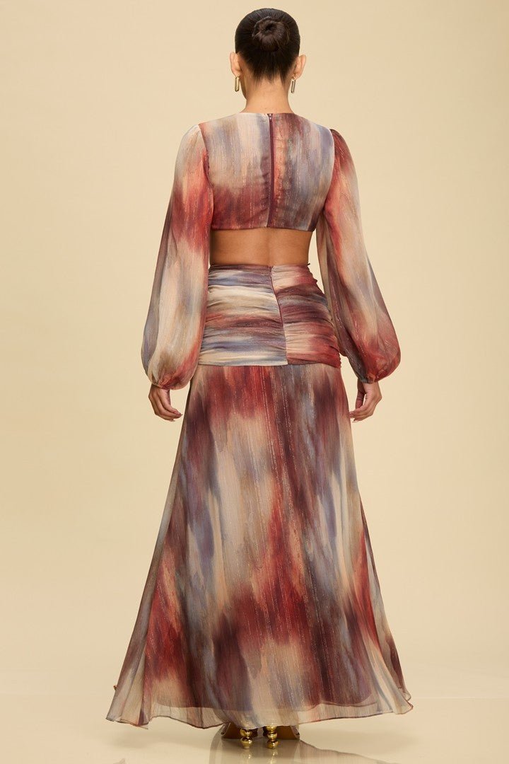Burgundy Ombre Metallic Cut Out Long Dress - STYLED BY ALX COUTUREDresses