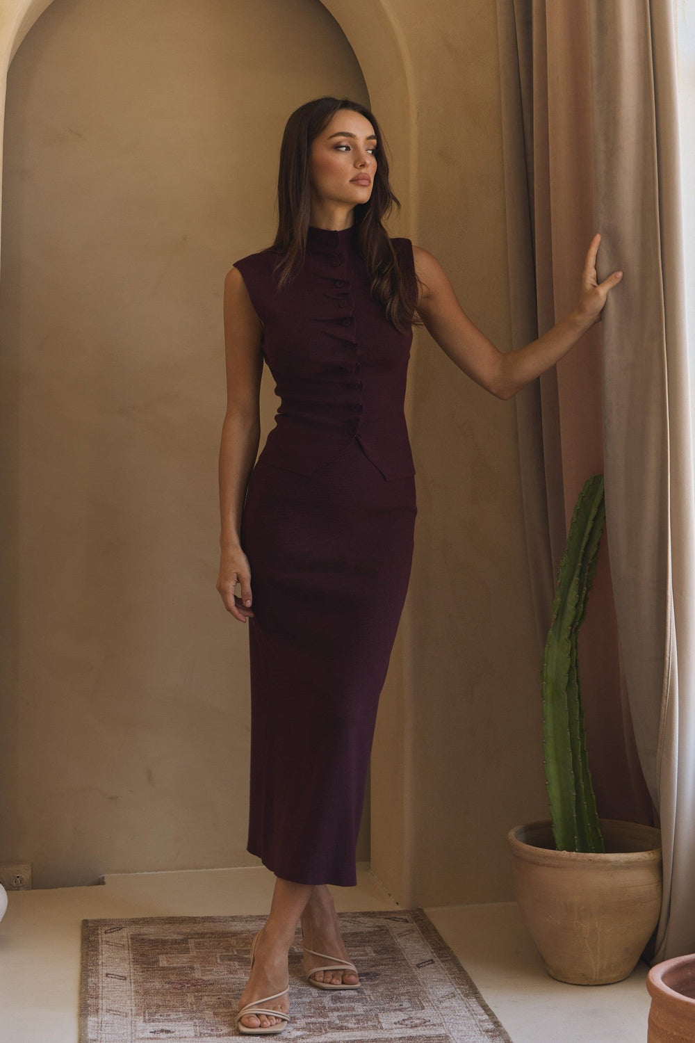 Burgundy Pleated Front Sweater Top and Skirt Set - STYLED BY ALX COUTUREOutfit Sets