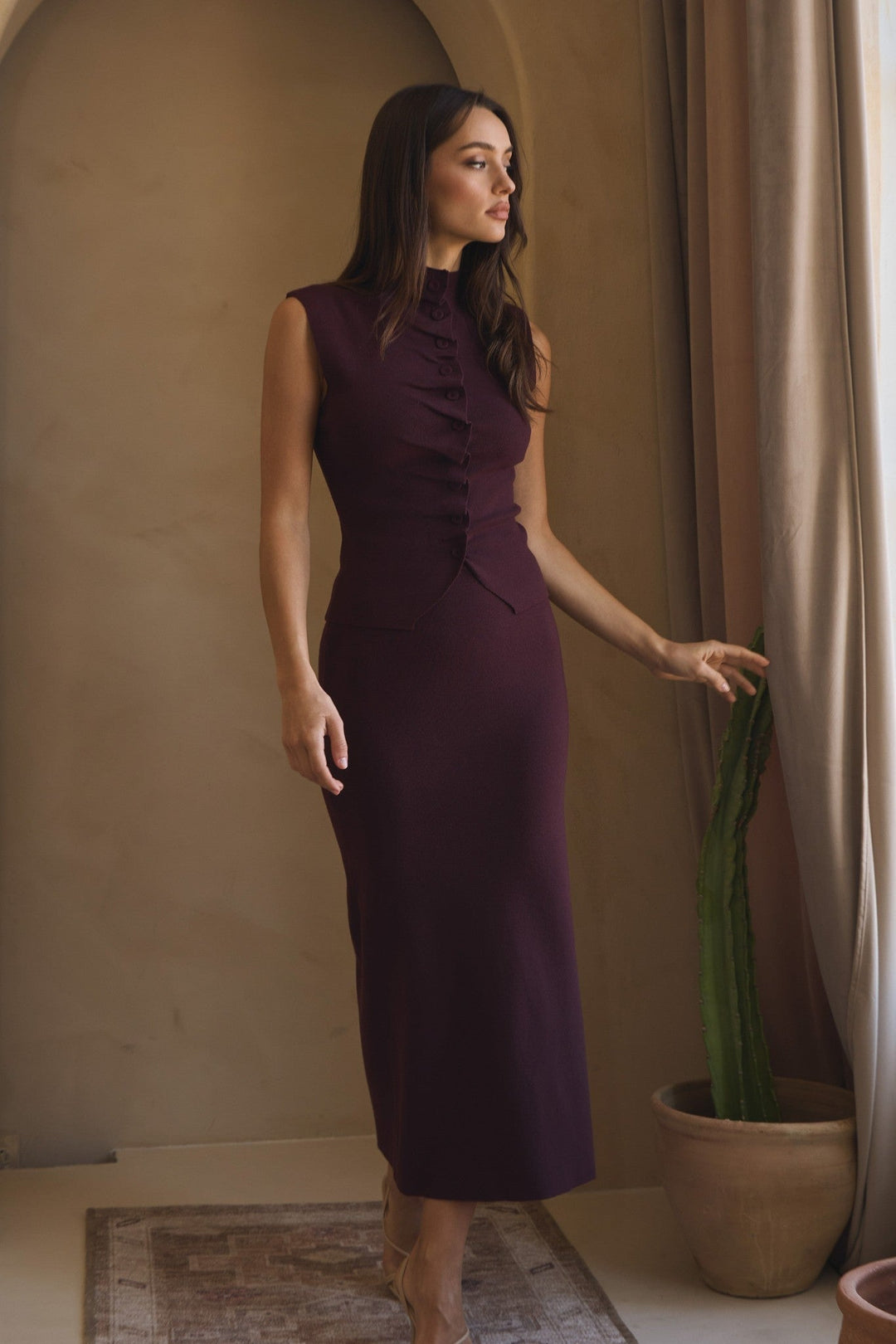 Burgundy Pleated Front Sweater Top and Skirt Set - STYLED BY ALX COUTUREOutfit Sets