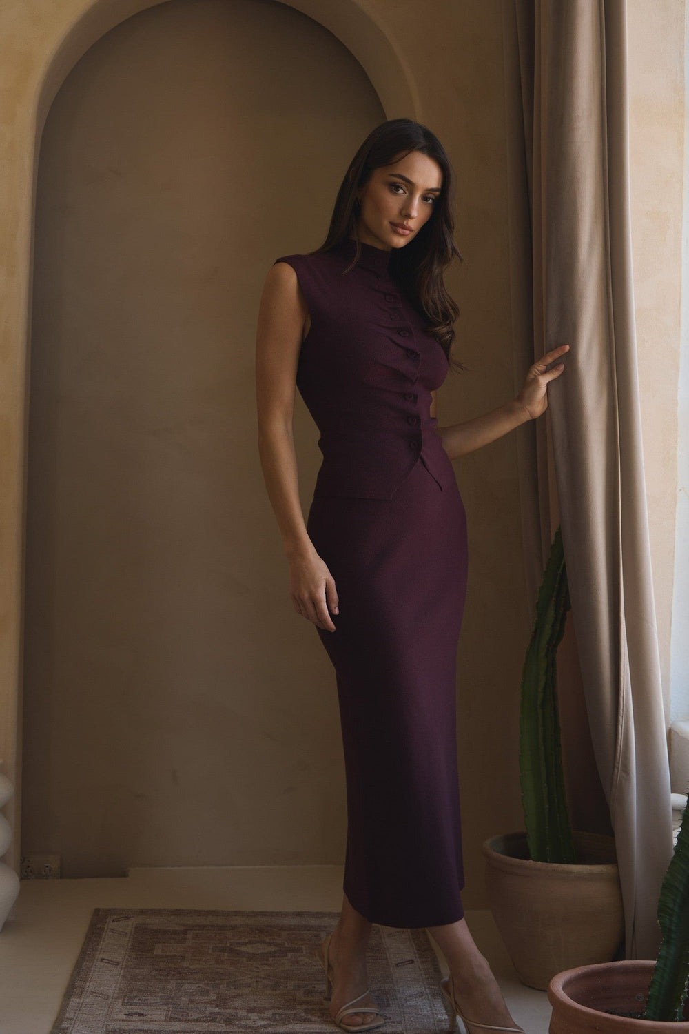 Burgundy Pleated Front Sweater Top and Skirt Set - STYLED BY ALX COUTUREOutfit Sets