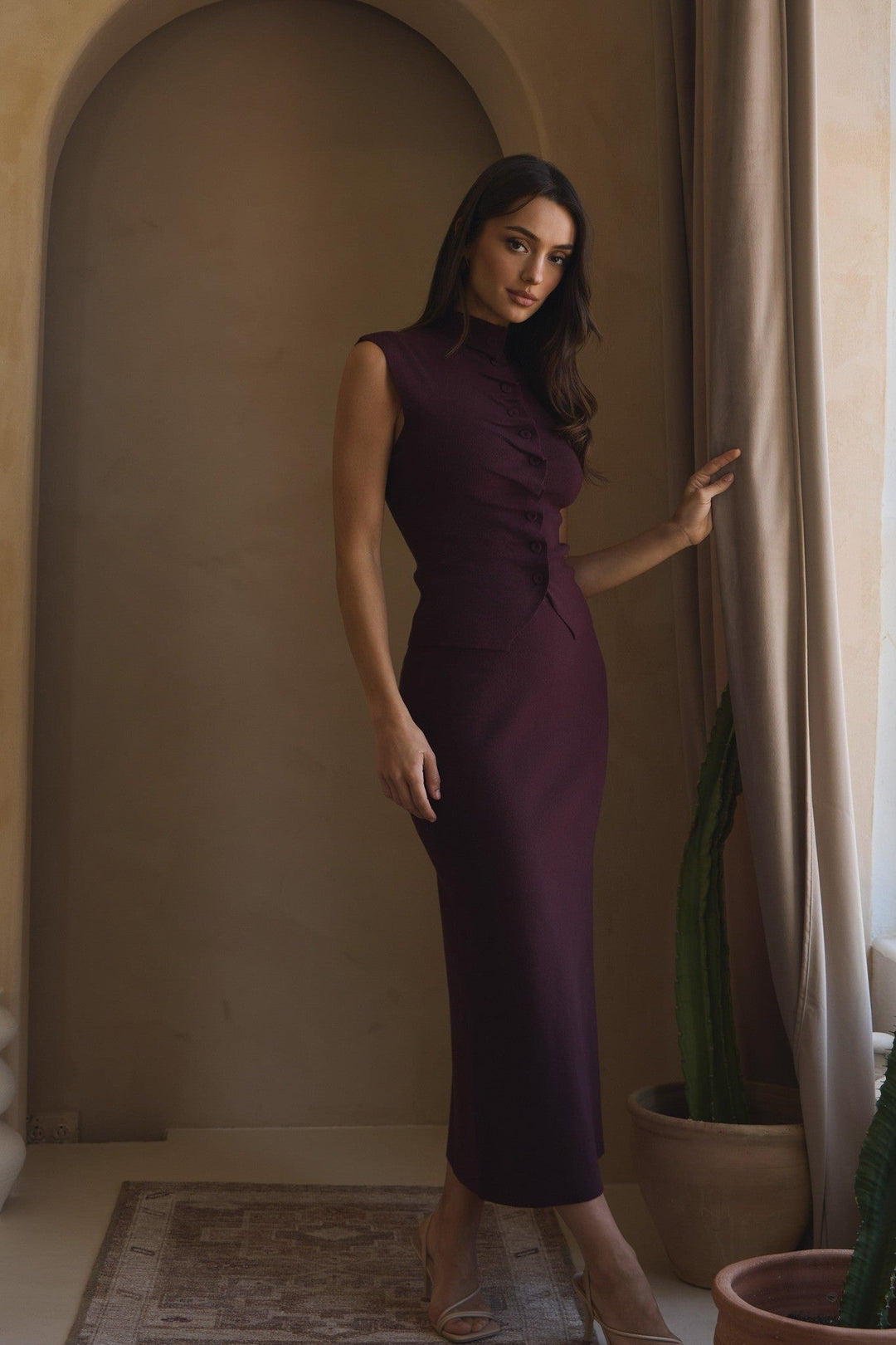 Burgundy Pleated Front Sweater Top and Skirt Set - STYLED BY ALX COUTUREOutfit Sets
