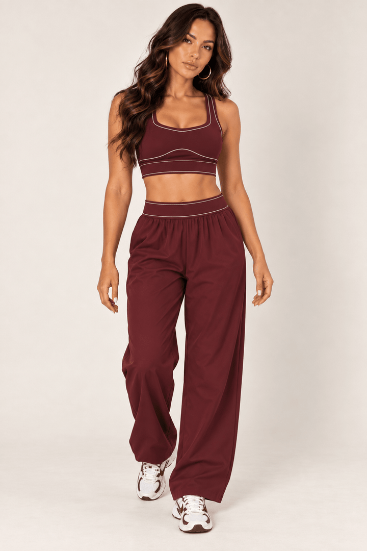 Burgundy Relaxed Nylon Pants With Elastic Band - STYLED BY ALX COUTURETrack Pants