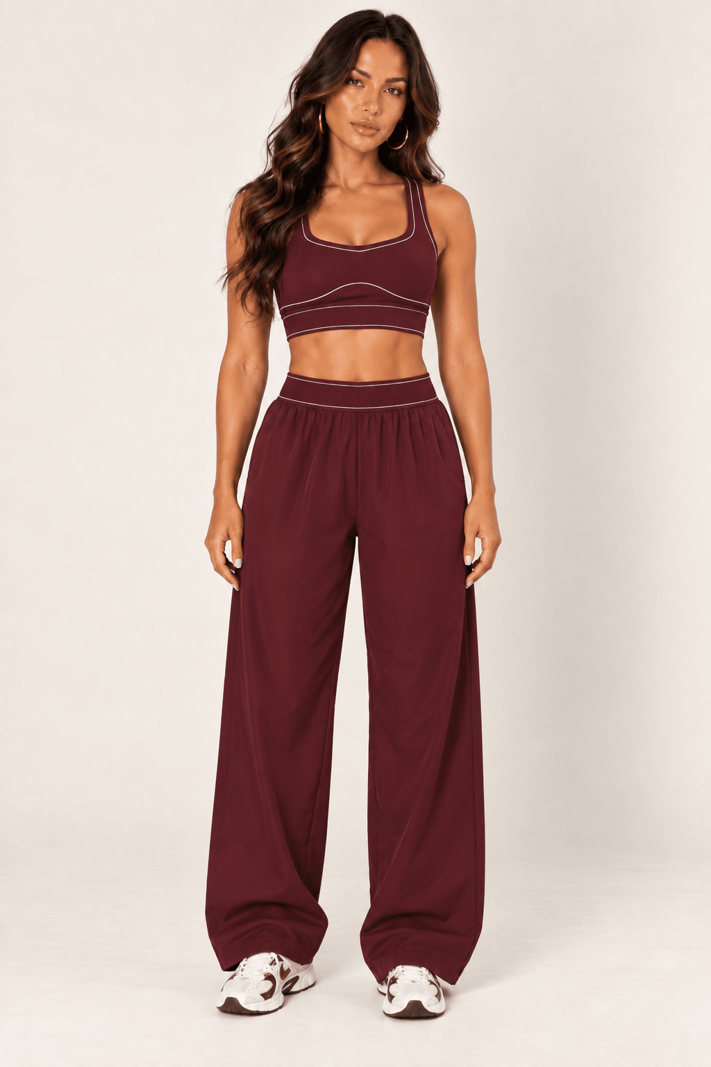 Burgundy Relaxed Nylon Pants With Elastic Band - STYLED BY ALX COUTURETrack Pants