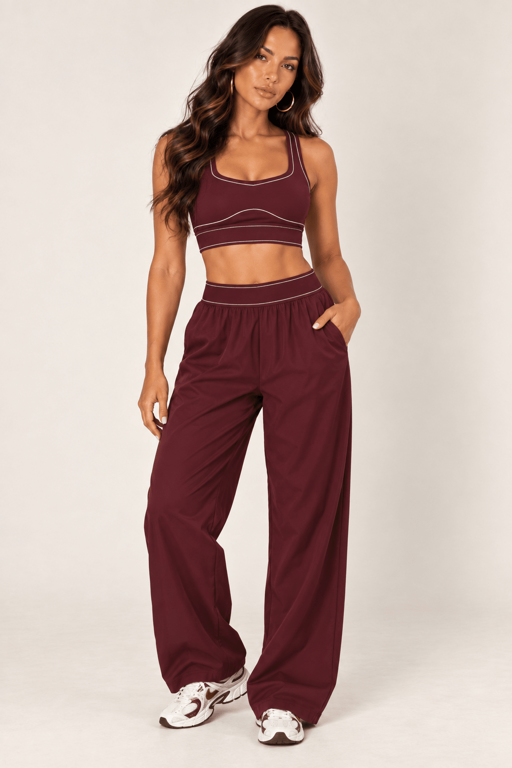 Burgundy Relaxed Nylon Pants With Elastic Band - STYLED BY ALX COUTURETrack Pants
