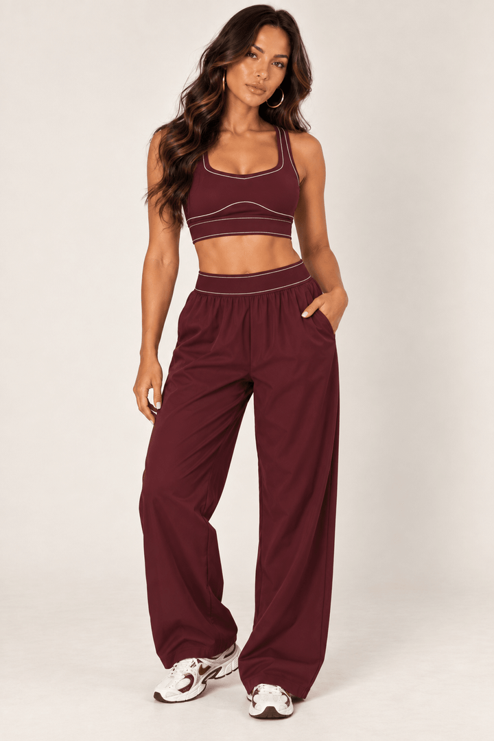 Burgundy Relaxed Nylon Pants With Elastic Band - STYLED BY ALX COUTURETrack Pants