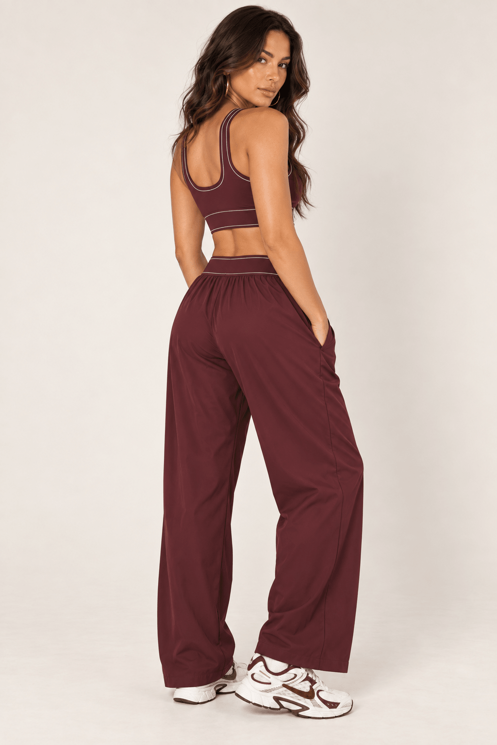 Burgundy Relaxed Nylon Pants With Elastic Band - STYLED BY ALX COUTURETrack Pants