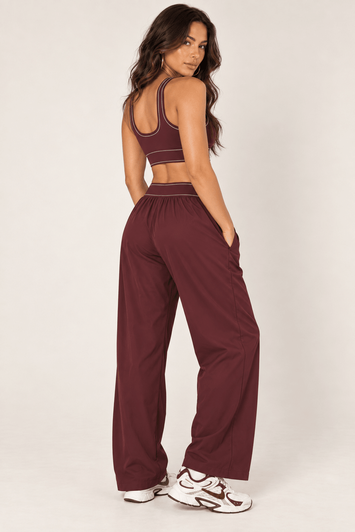 Burgundy Relaxed Nylon Pants With Elastic Band - STYLED BY ALX COUTURETrack Pants