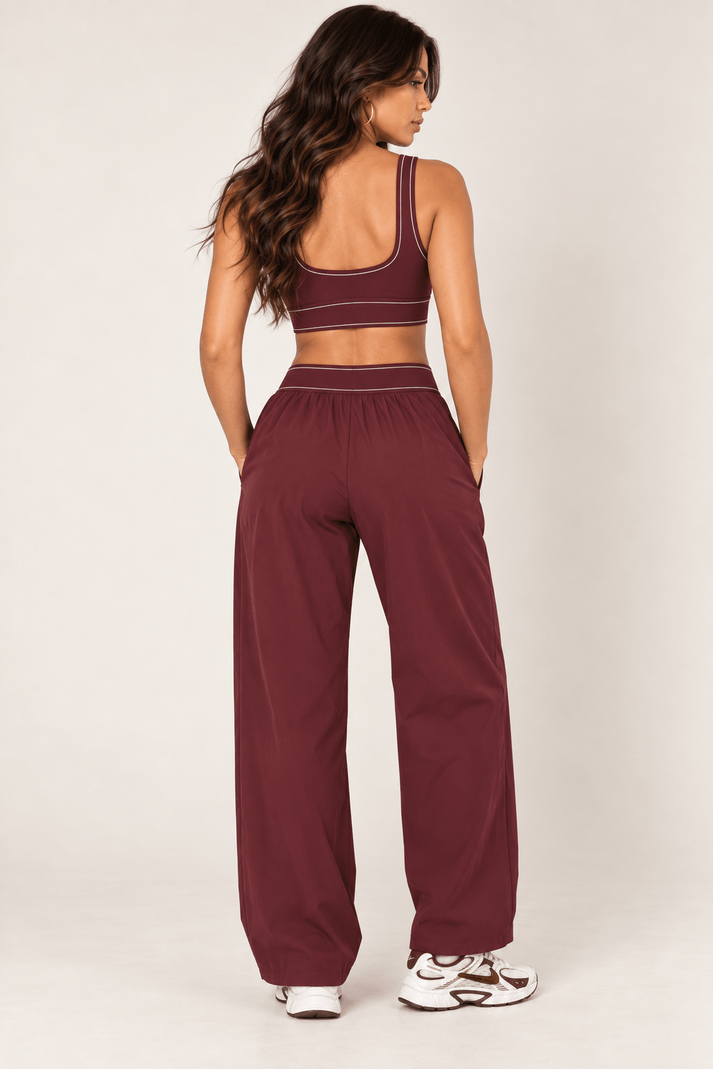 Burgundy Relaxed Nylon Pants With Elastic Band - STYLED BY ALX COUTURETrack Pants