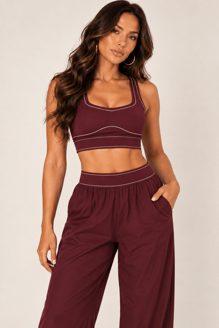 Burgundy Relaxed Nylon Pants With Elastic Band - STYLED BY ALX COUTURETrack Pants