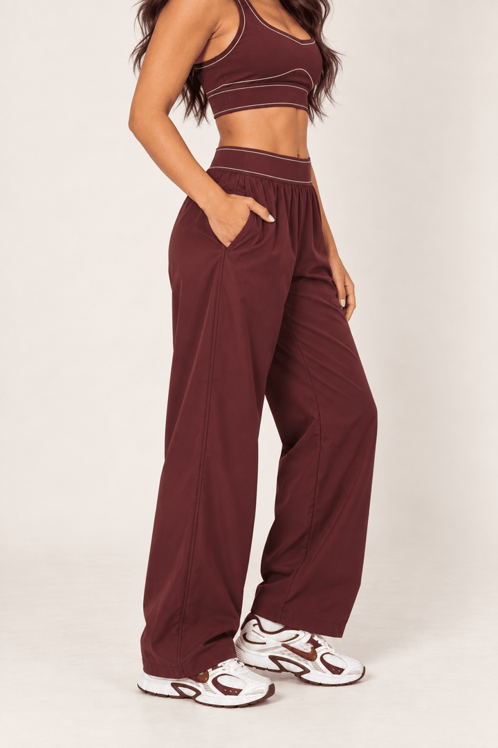 Burgundy Relaxed Nylon Pants With Elastic Band - STYLED BY ALX COUTURETrack Pants