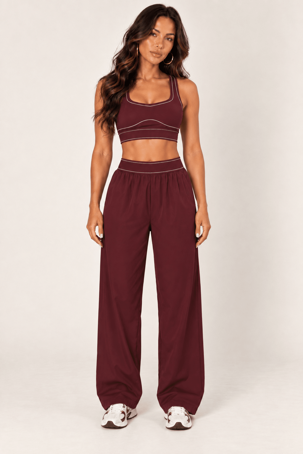 Burgundy Relaxed Nylon Pants With Elastic Band - STYLED BY ALX COUTURETrack Pants