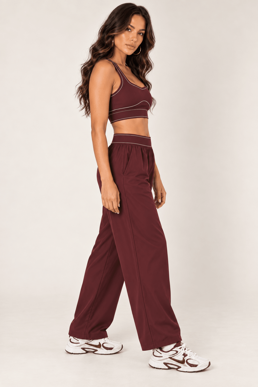 Burgundy Relaxed Nylon Pants With Elastic Band - STYLED BY ALX COUTURETrack Pants