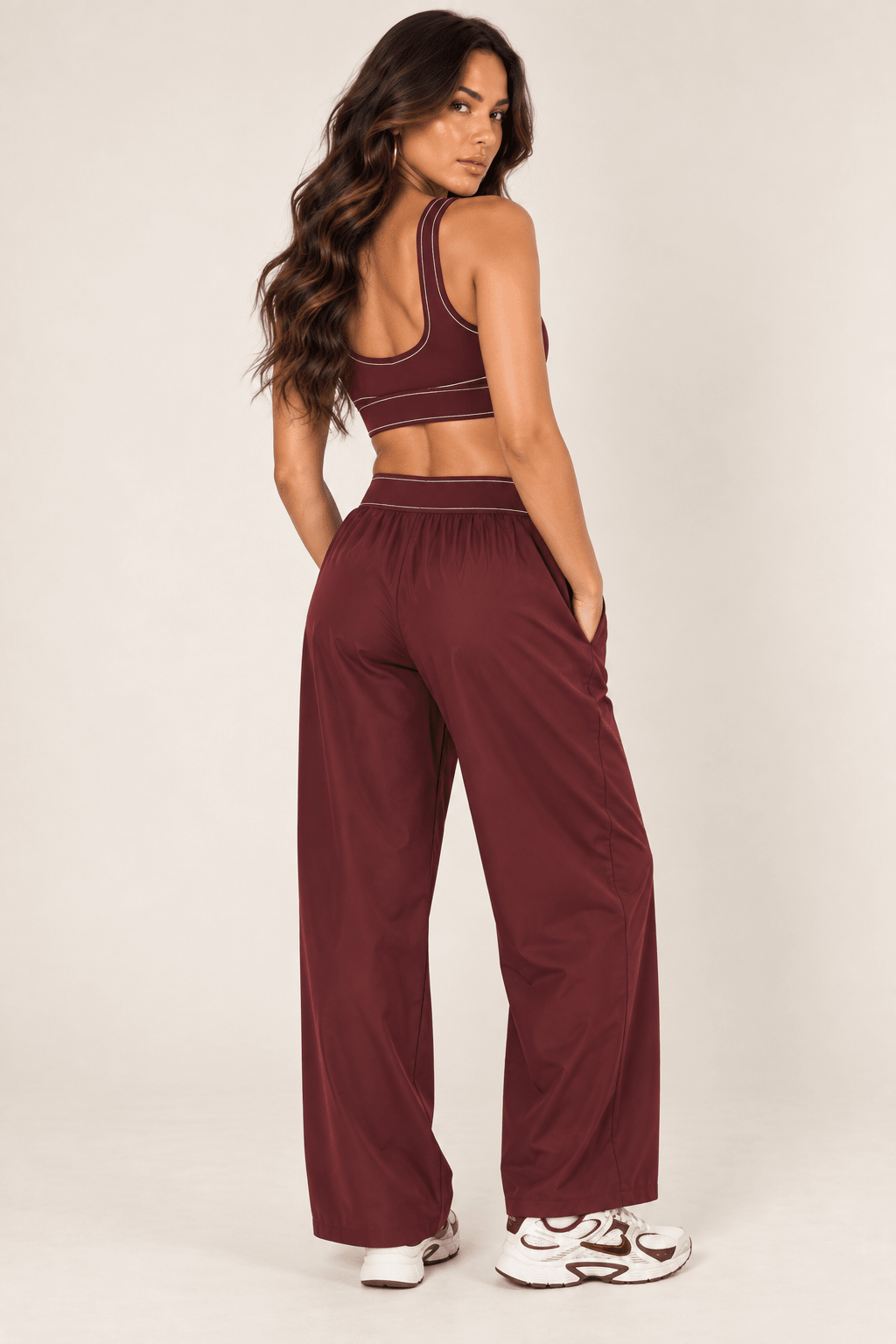 Burgundy Relaxed Nylon Pants With Elastic Band - STYLED BY ALX COUTURETrack Pants