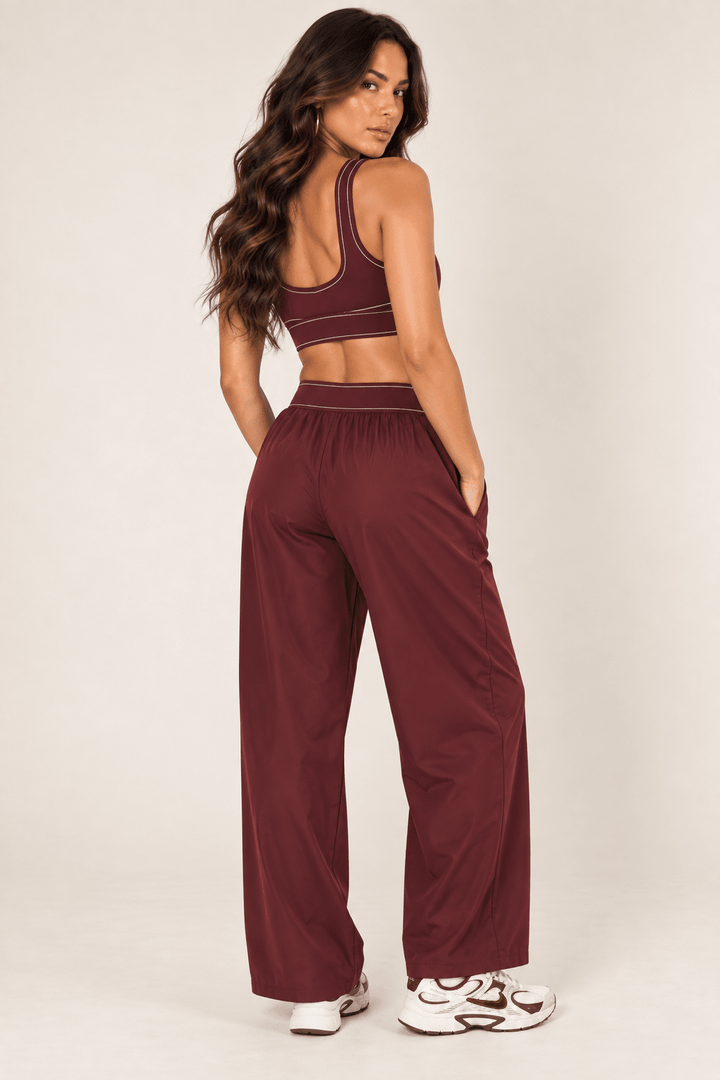 Burgundy Relaxed Nylon Pants With Elastic Band - STYLED BY ALX COUTURETrack Pants