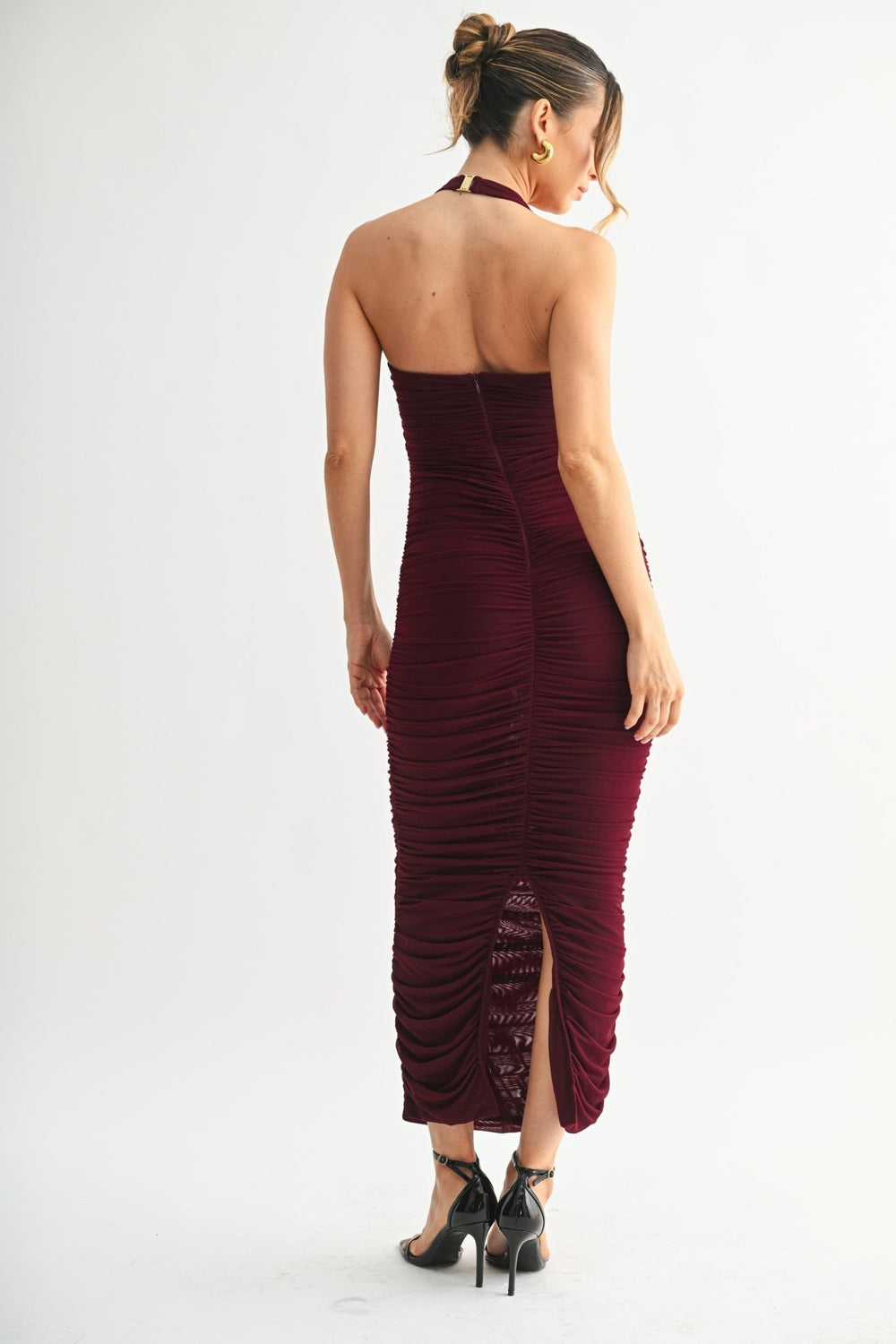 Burgundy nylon spandex ruched halter gown - STYLED BY ALX COUTURE