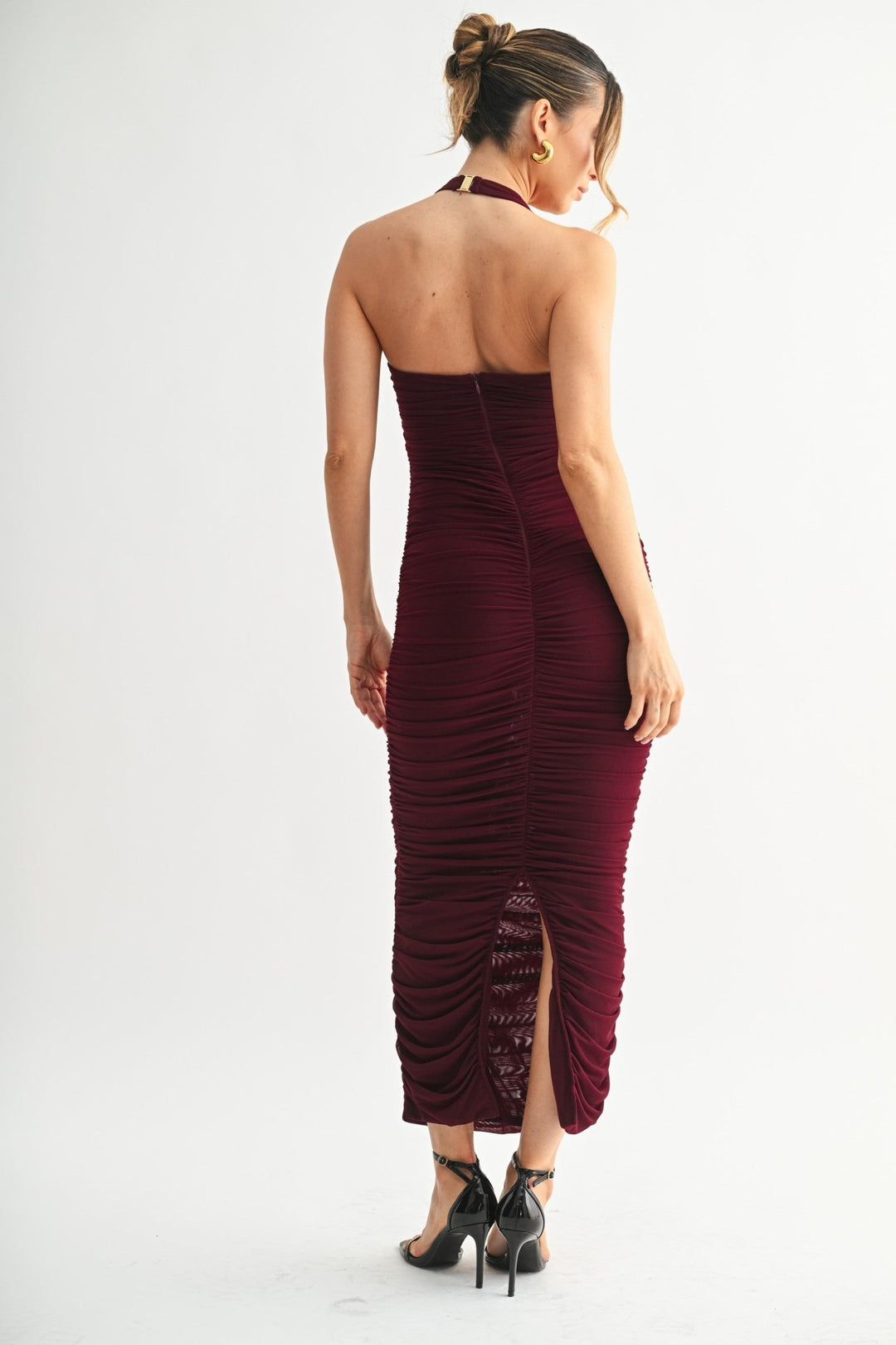 Burgundy Ruched Bow Halter Dress - STYLED BY ALX COUTUREDresses