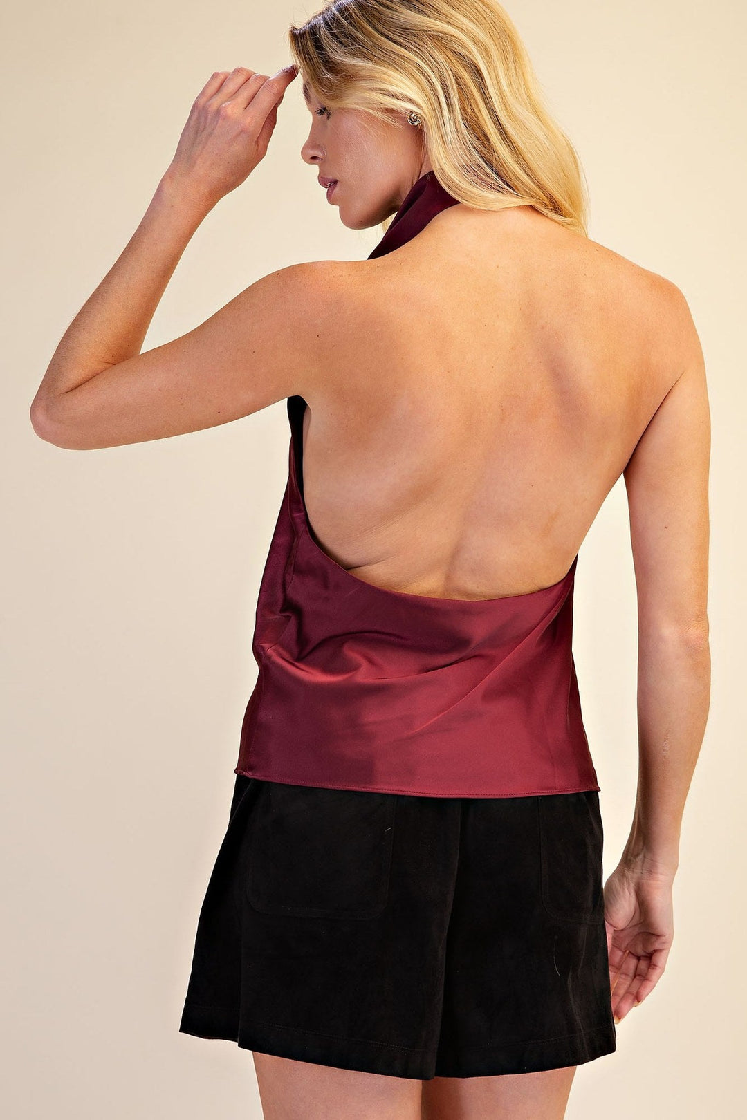 Burgundy Satin Halter Cowl Neck Open Back Top - STYLED BY ALX COUTURETops