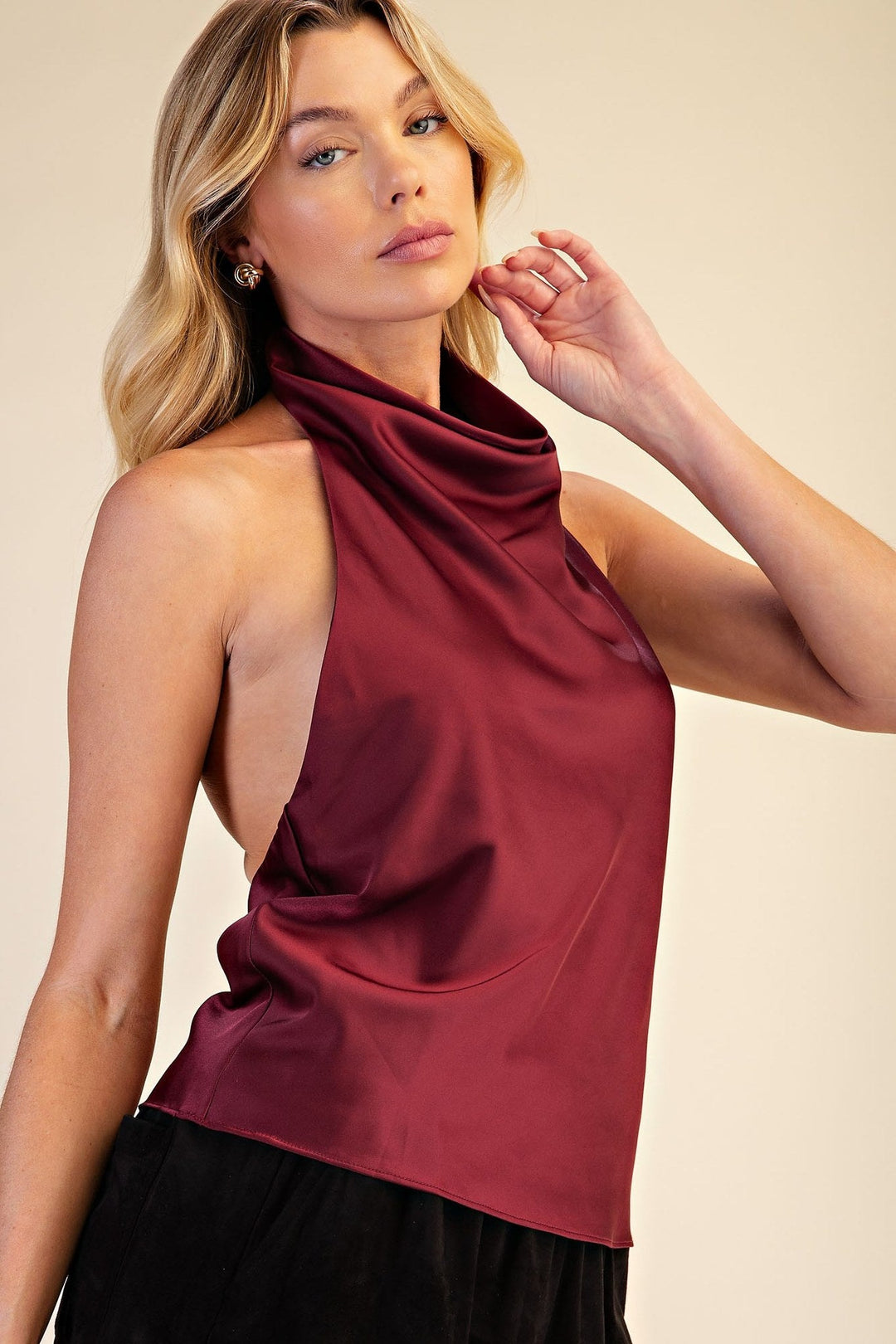 Burgundy Satin Halter Cowl Neck Open Back Top - STYLED BY ALX COUTURETops