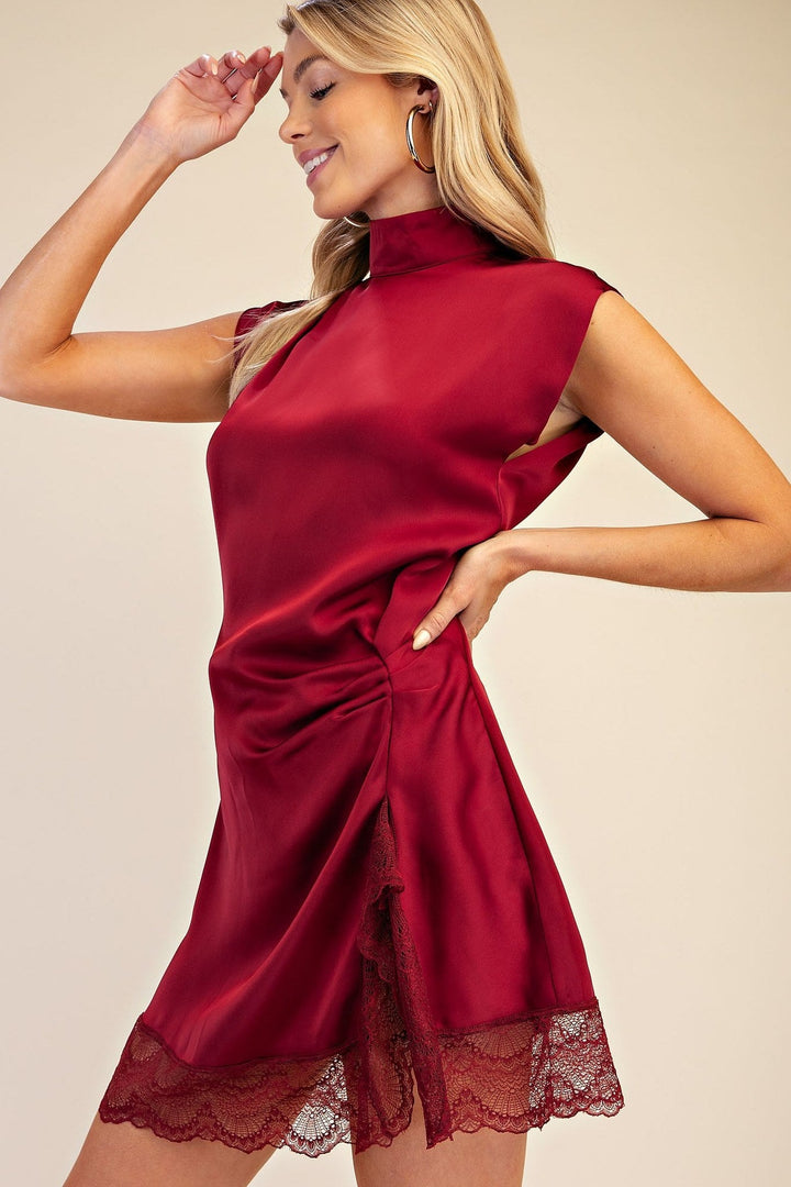 Burgundy Satin High Neck Lace Trim Mini Dress - STYLED BY ALX COUTUREDresses