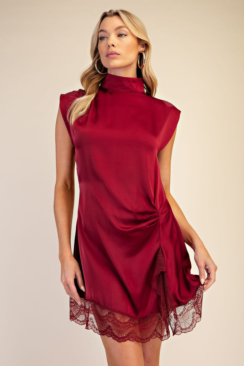 Burgundy Satin High Neck Lace Trim Mini Dress - STYLED BY ALX COUTUREDresses