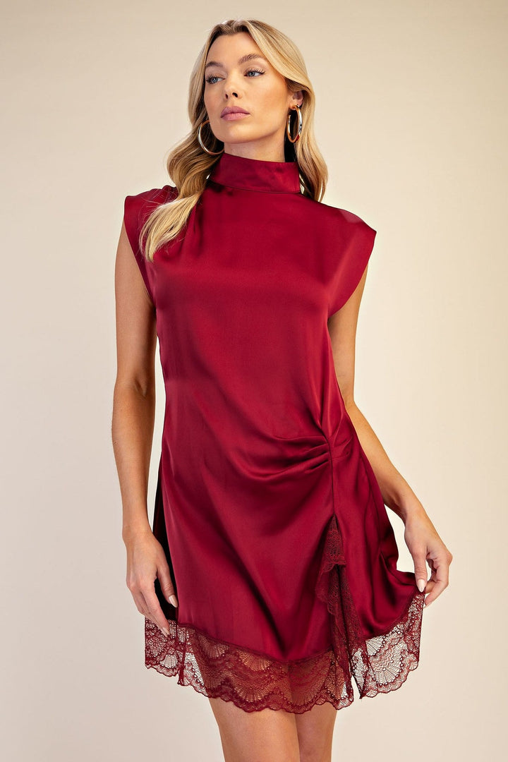 Burgundy Satin High Neck Lace Trim Mini Dress - STYLED BY ALX COUTUREDresses