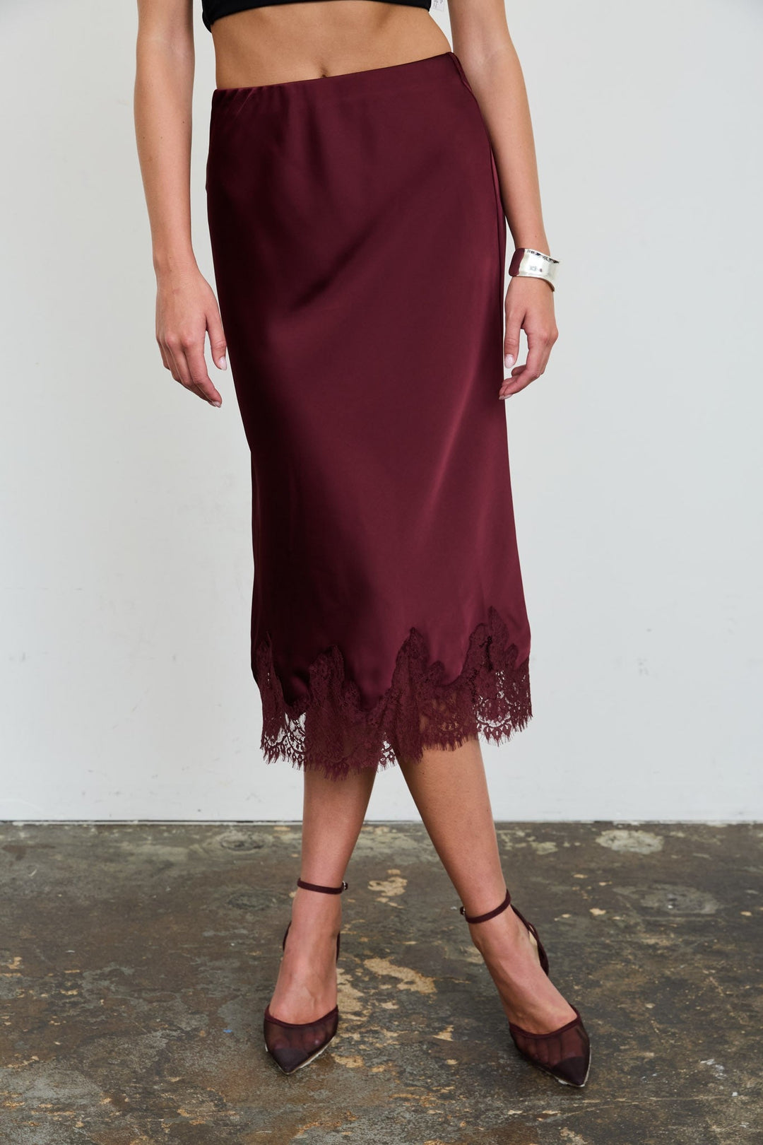 Burgundy Satin Lace Midi Skirt - STYLED BY ALX COUTURESkirts &amp; Skorts