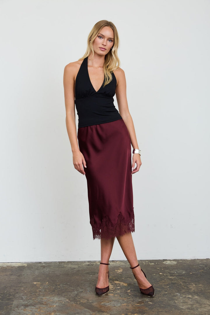 Burgundy Satin Lace Midi Skirt - STYLED BY ALX COUTURESkirts &amp; Skorts