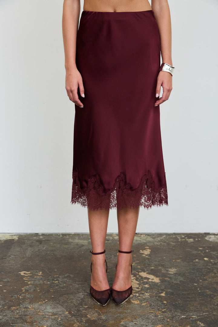 Burgundy Satin Lace Midi Skirt - STYLED BY ALX COUTURESkirts &amp; Skorts