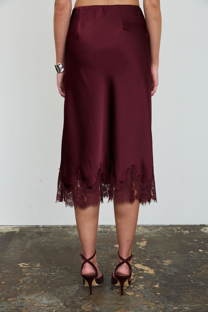 Burgundy Satin Lace Midi Skirt - STYLED BY ALX COUTURESkirts &amp; Skorts