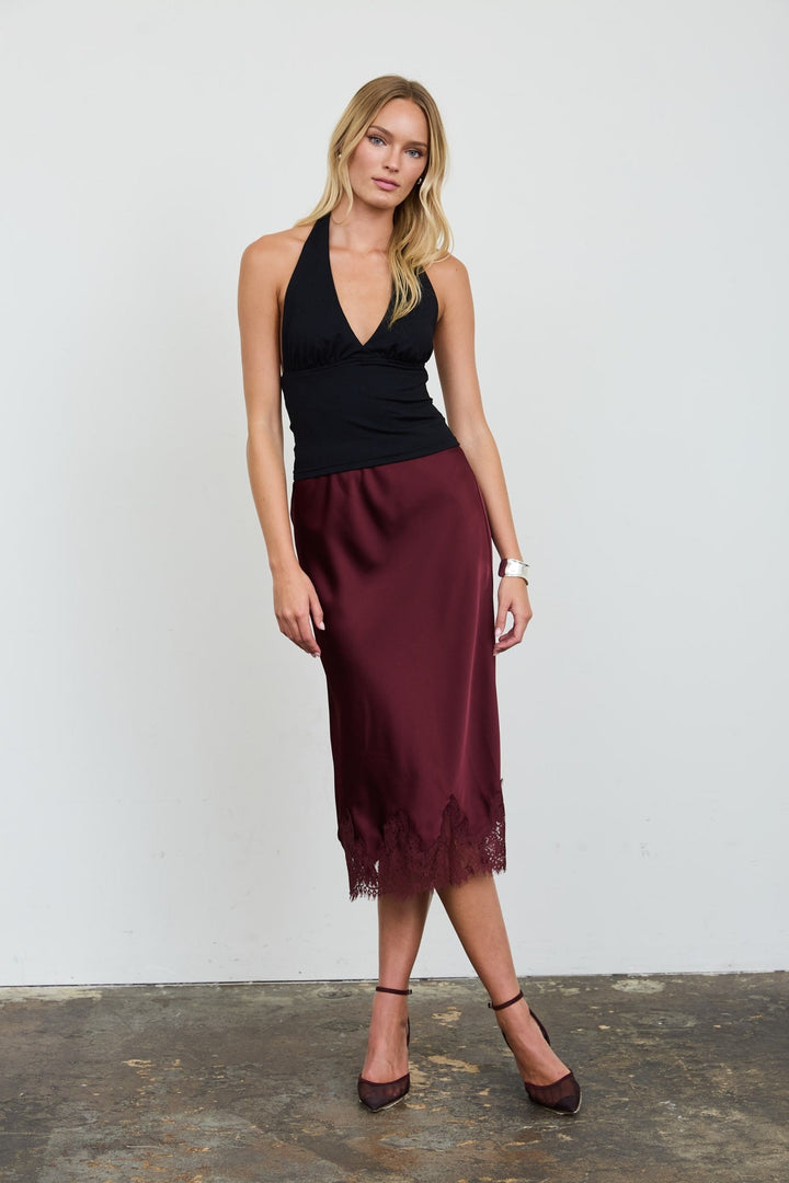 Burgundy Satin Lace Midi Skirt - STYLED BY ALX COUTURESkirts &amp; Skorts