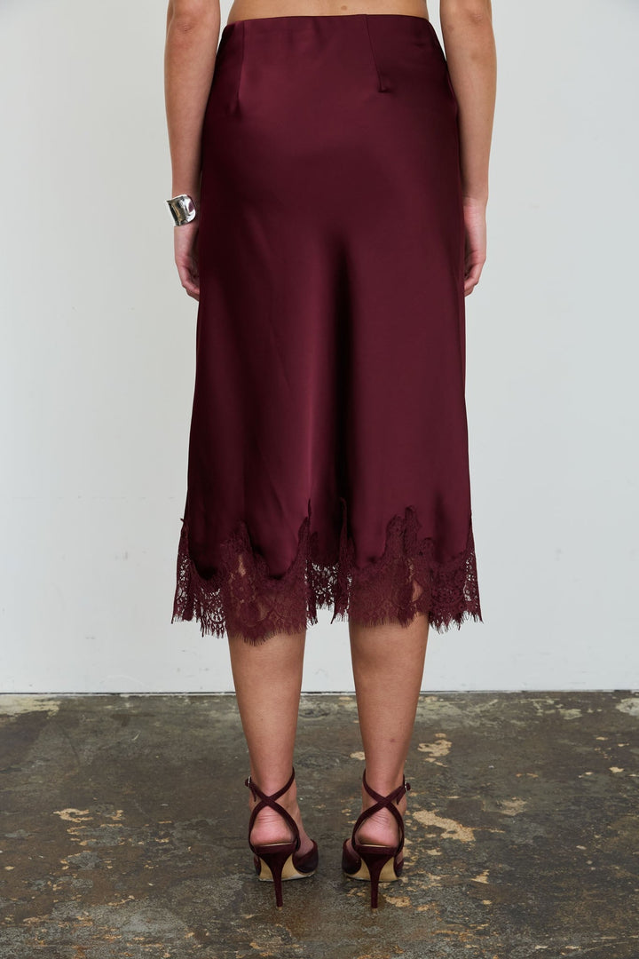 Burgundy Satin Lace Midi Skirt - STYLED BY ALX COUTURESkirts &amp; Skorts