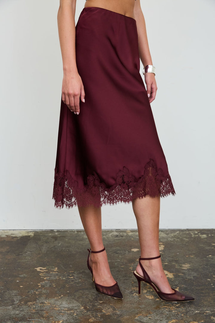 Burgundy Satin Lace Midi Skirt - STYLED BY ALX COUTURESkirts &amp; Skorts