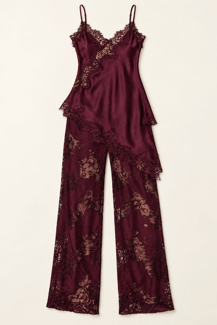 Burgundy Satin Lace Pants Set - STYLED BY ALX COUTUREOutfit Sets