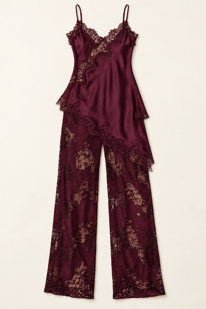 Burgundy Satin Lace Pants Set - STYLED BY ALX COUTUREOutfit Sets