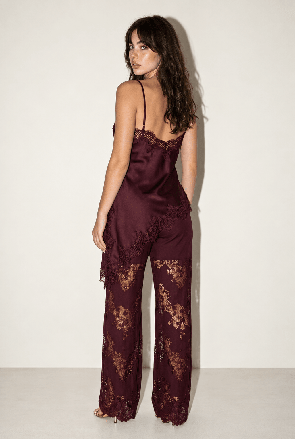 Burgundy Satin Lace Pants Set - STYLED BY ALX COUTUREOutfit Sets