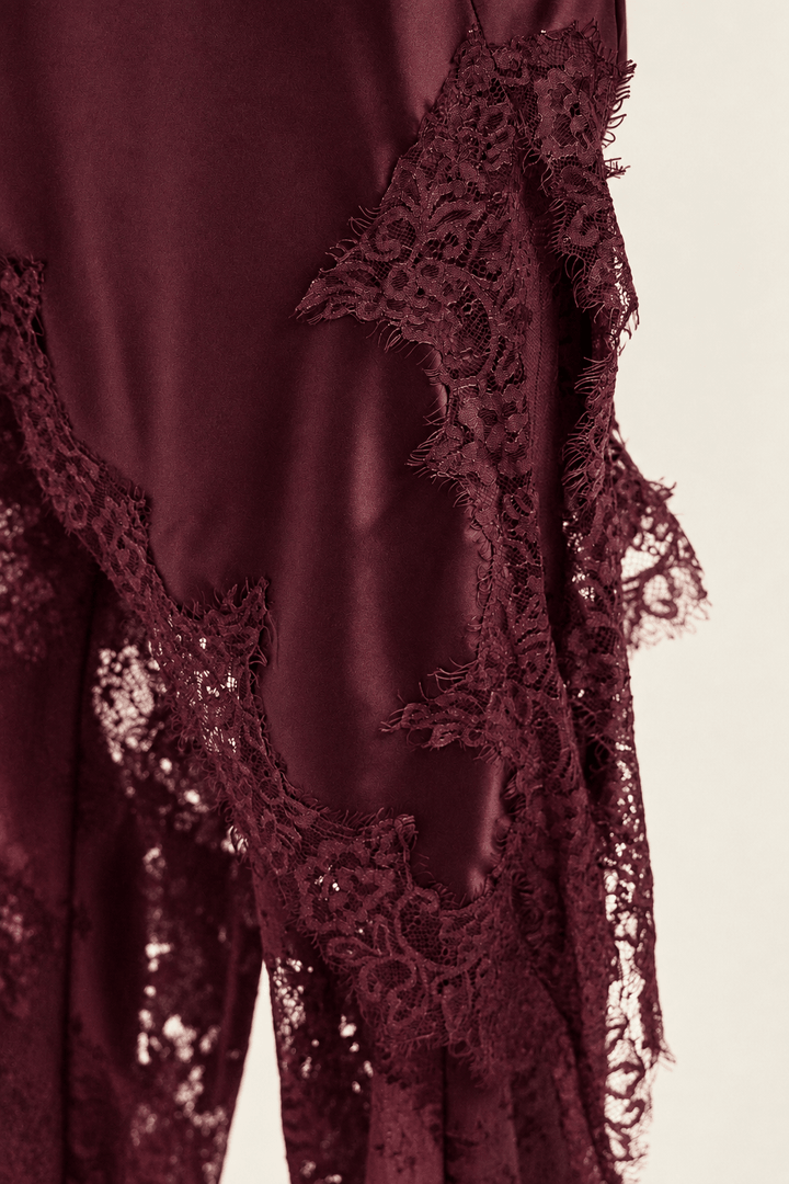 Burgundy Satin Lace Pants Set - STYLED BY ALX COUTUREOutfit Sets