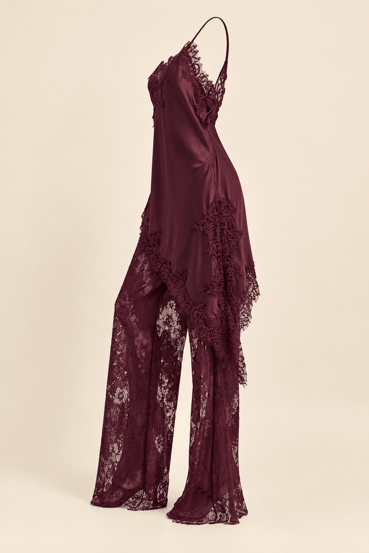 Burgundy Satin Lace Pants Set - STYLED BY ALX COUTUREOutfit Sets