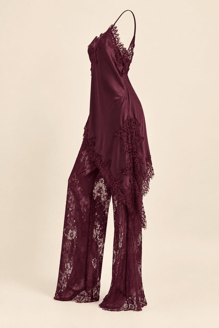 Burgundy Satin Lace Pants Set - STYLED BY ALX COUTUREOutfit Sets