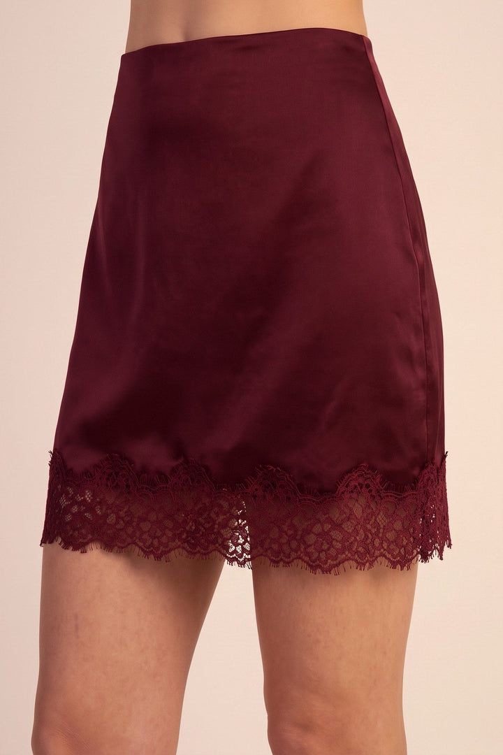 Burgundy Satin Lace Trim Mini Skirt - STYLED BY ALX COUTURESkirts