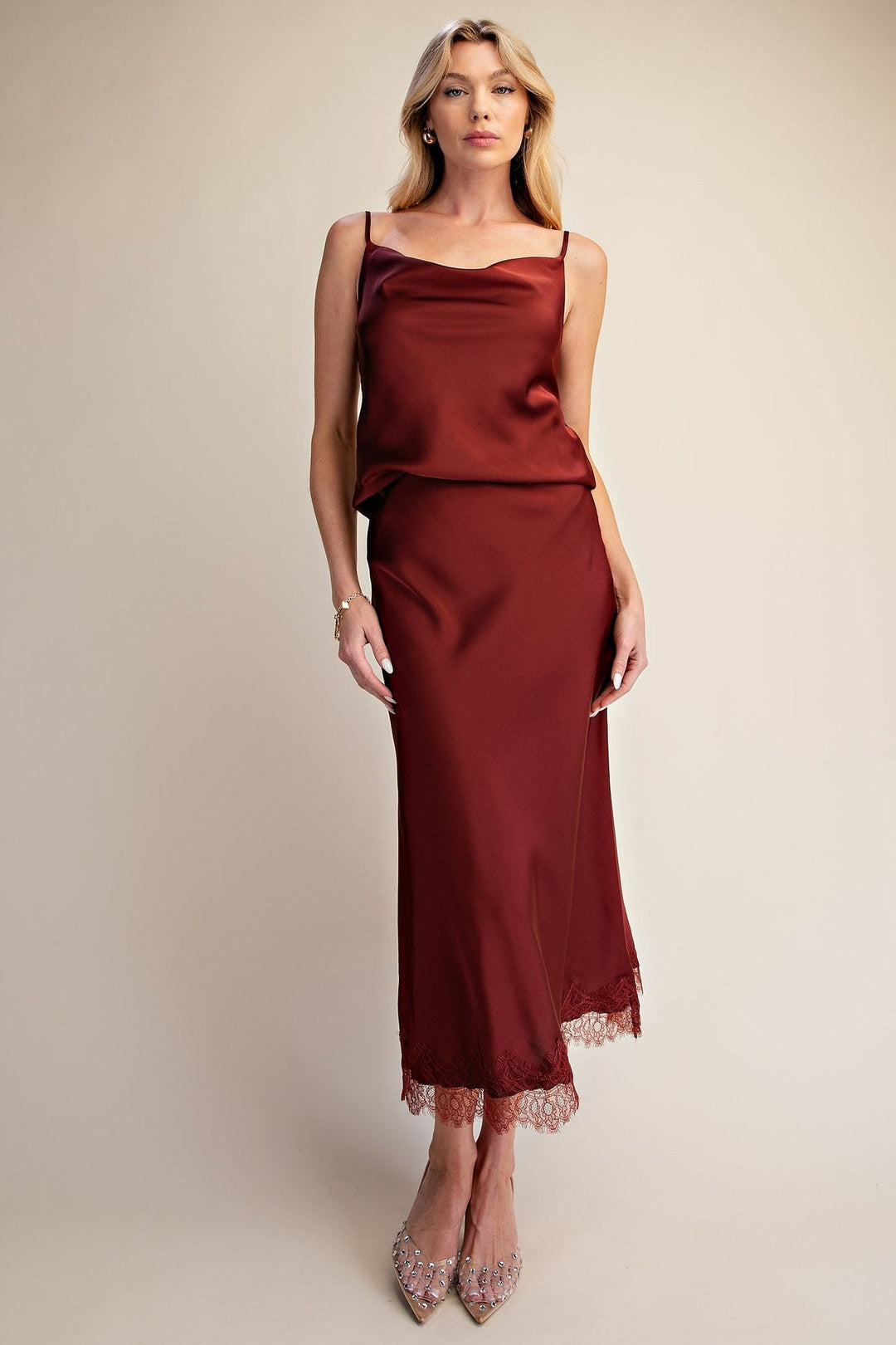 Burgundy Satin Scalloped Lace Cami and Midi Skirt Set - STYLED BY ALX COUTUREOutfit Sets