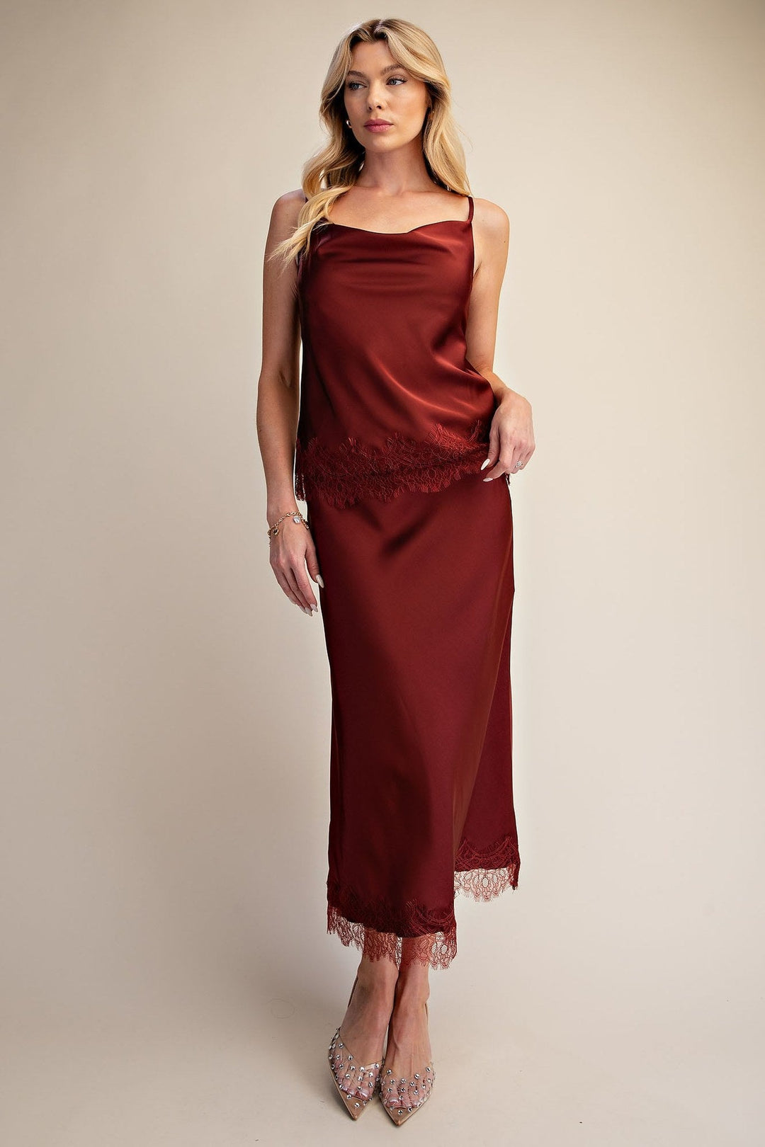 Burgundy Satin Scalloped Lace Cami and Midi Skirt Set - STYLED BY ALX COUTUREOutfit Sets