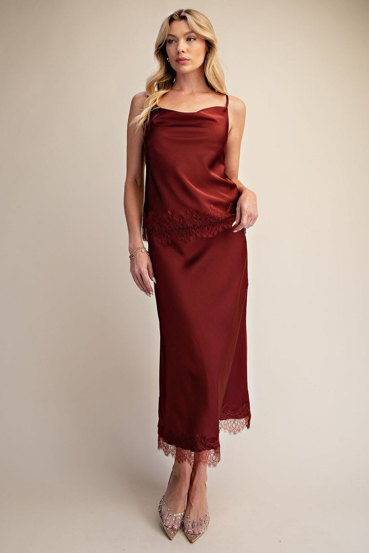 Burgundy Satin Scalloped Lace Cami and Midi Skirt Set - STYLED BY ALX COUTUREOutfit Sets