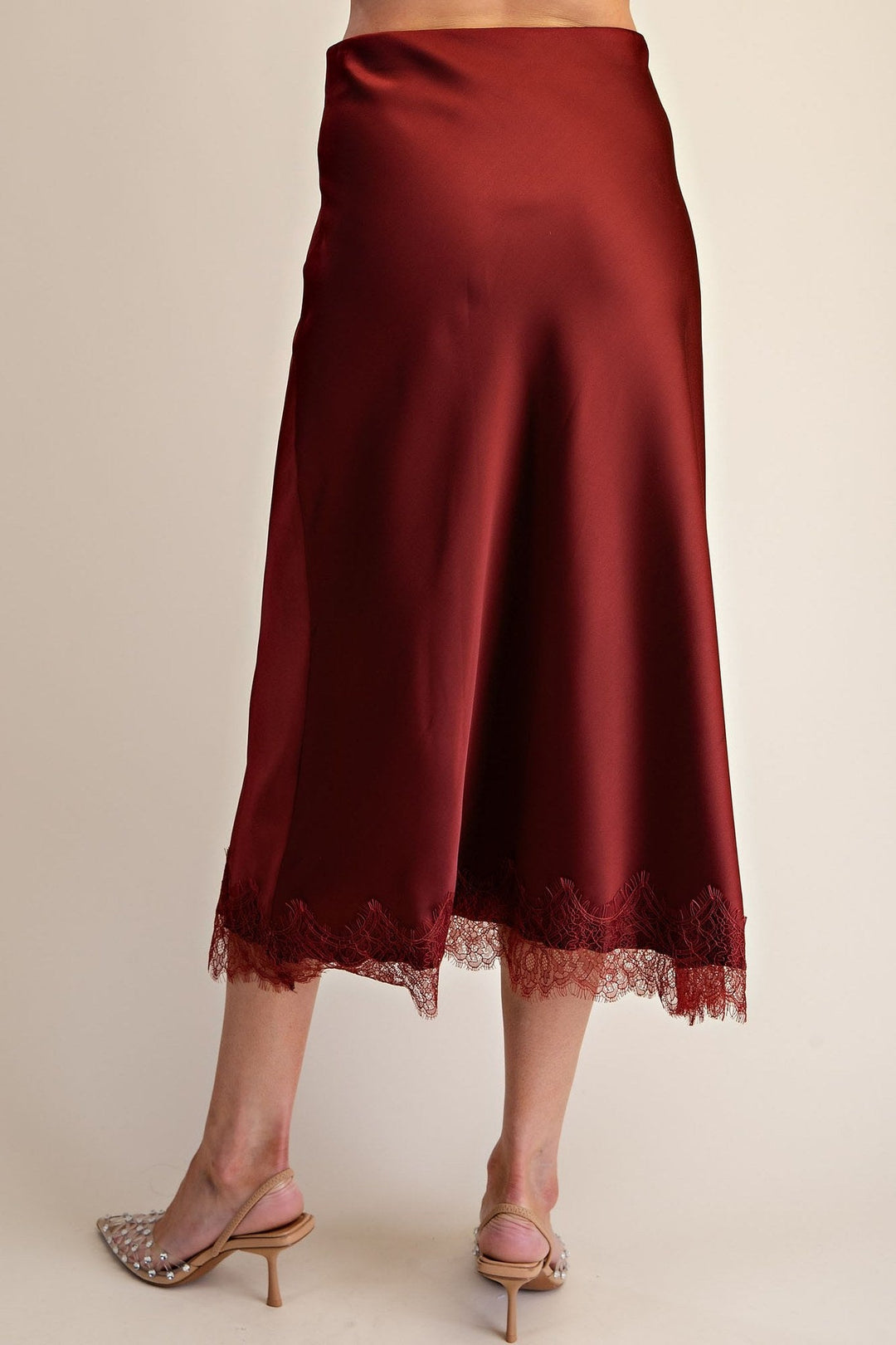 Burgundy Satin Scalloped Lace Cami and Midi Skirt Set - STYLED BY ALX COUTUREOutfit Sets